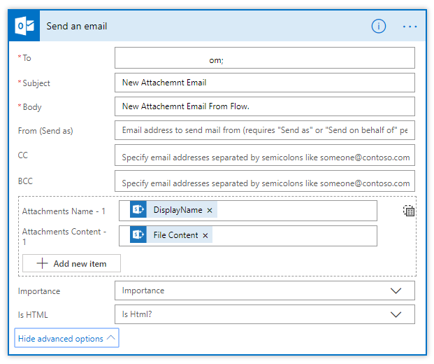 MS Flow Send Attachment In Outlook Email